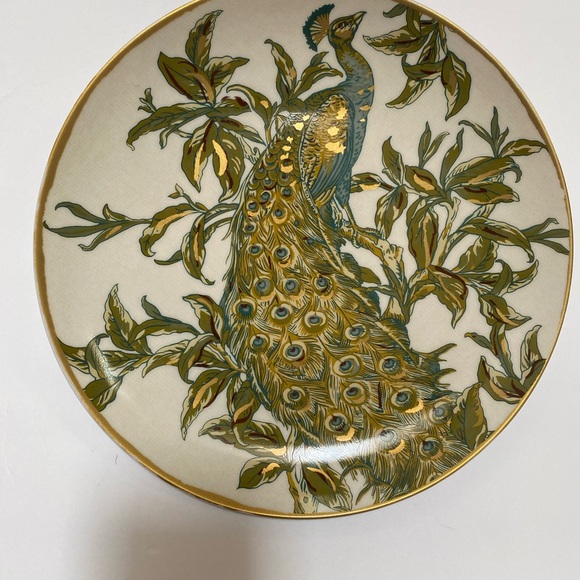Pottery Barn Peacock Plates 9.5" Art Nouveau Ceramic Green Teal Gold White - Picture 2 of 13